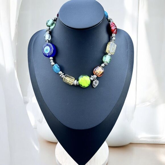 Evil Eye Art Glass Lampwork Beaded Charm Necklace Choker Vintage Jewelry 15” - Picture 2 of 6